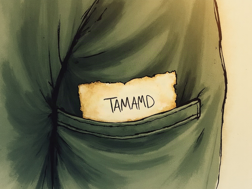 A torn scrap of paper printed with the words Tamam Shud tucked in a hidden pocket