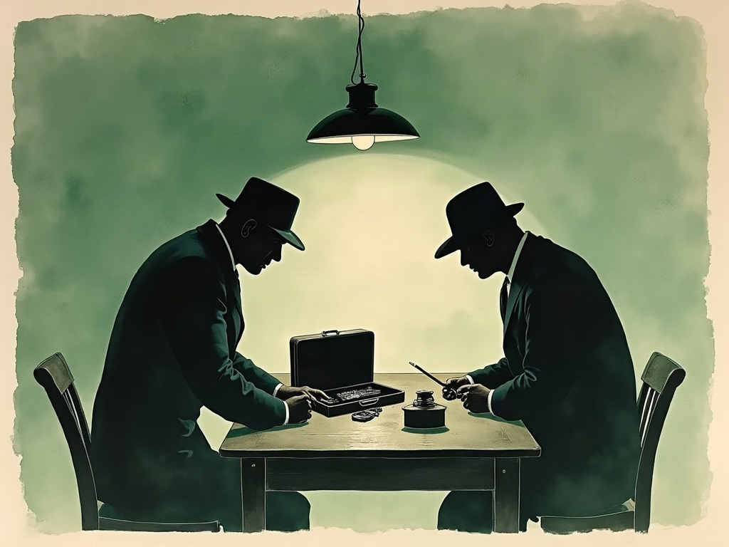 Silhouetted 1948 detectives examining a suitcase and objects under a single lamp