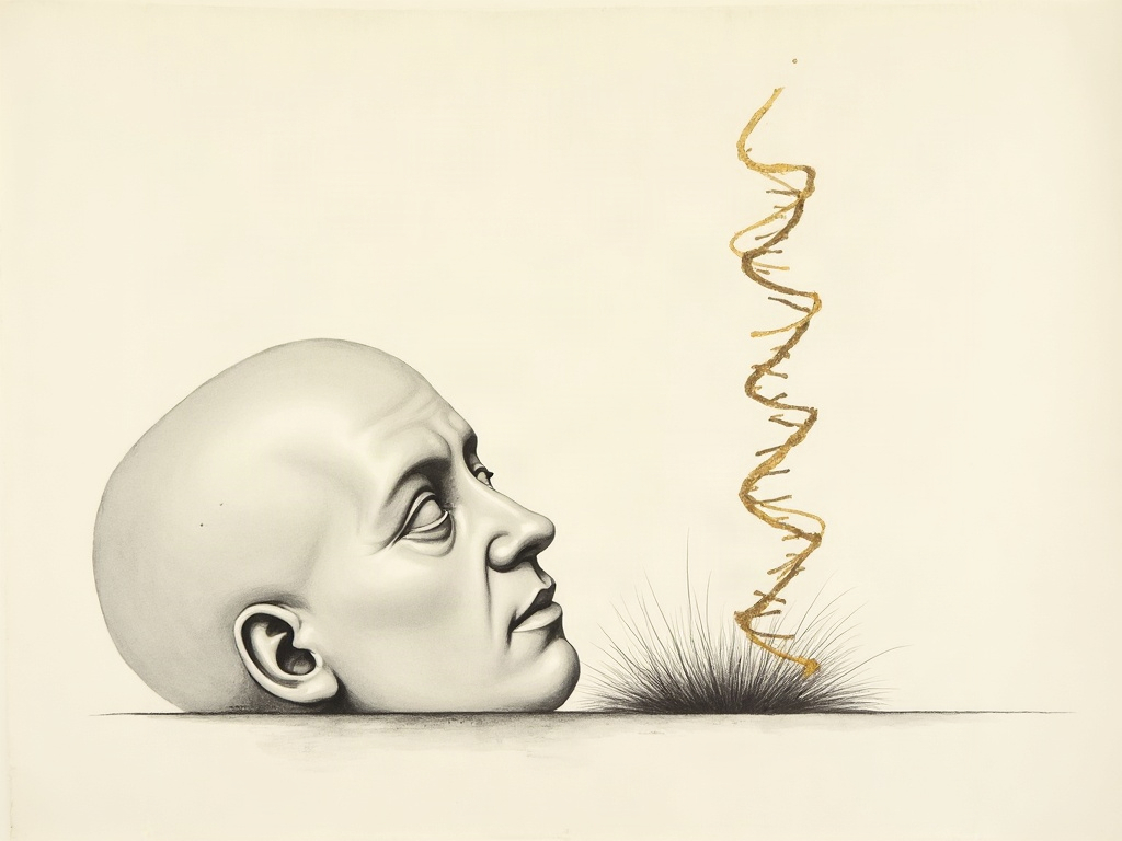 A plaster death mask beside strands of hair with a delicate golden DNA helix motif