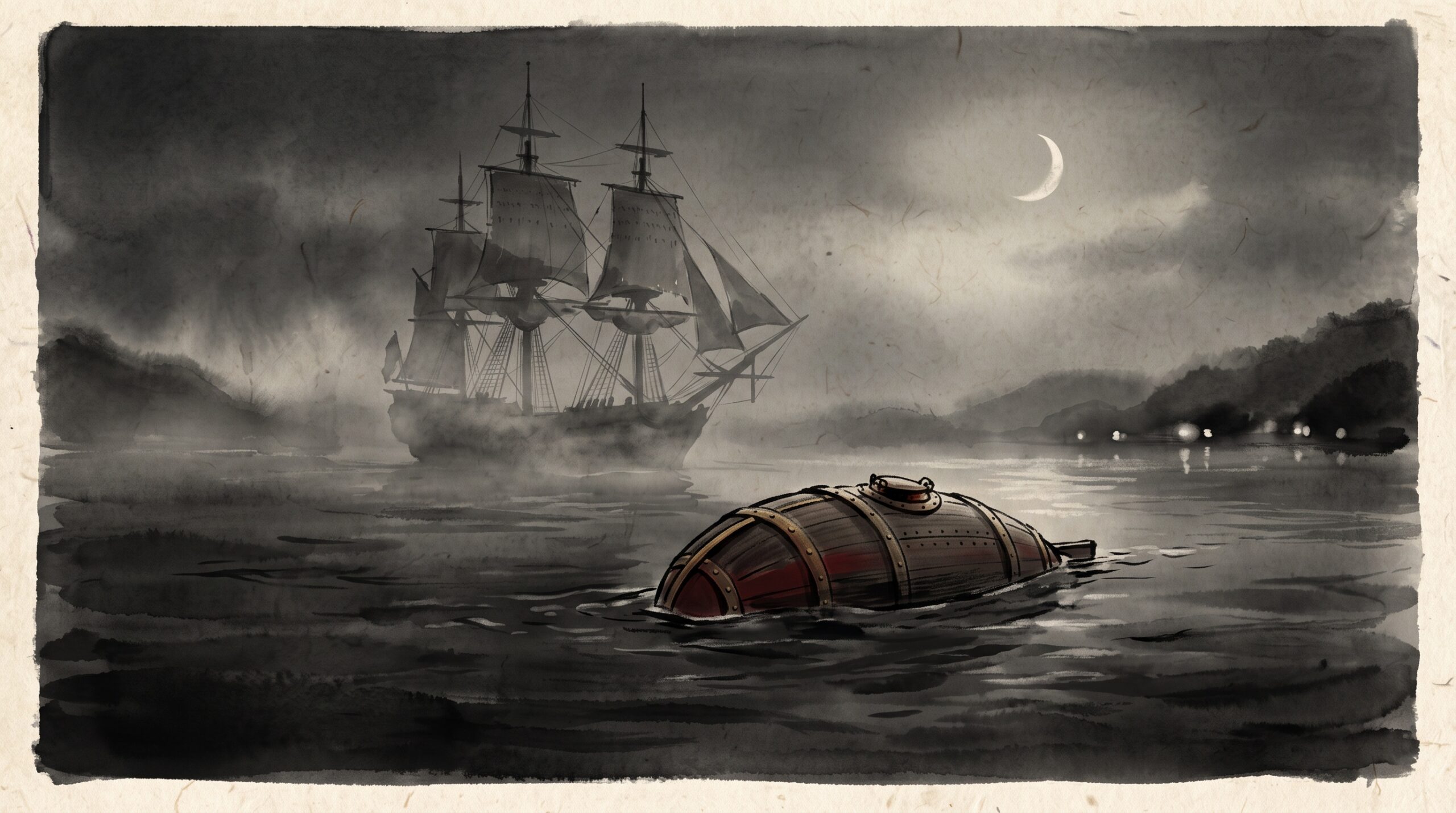 Sumi-e style ink-wash illustration of a small egg-shaped wooden submarine surfacing at night near a silhouetted British warship in a misty harbor