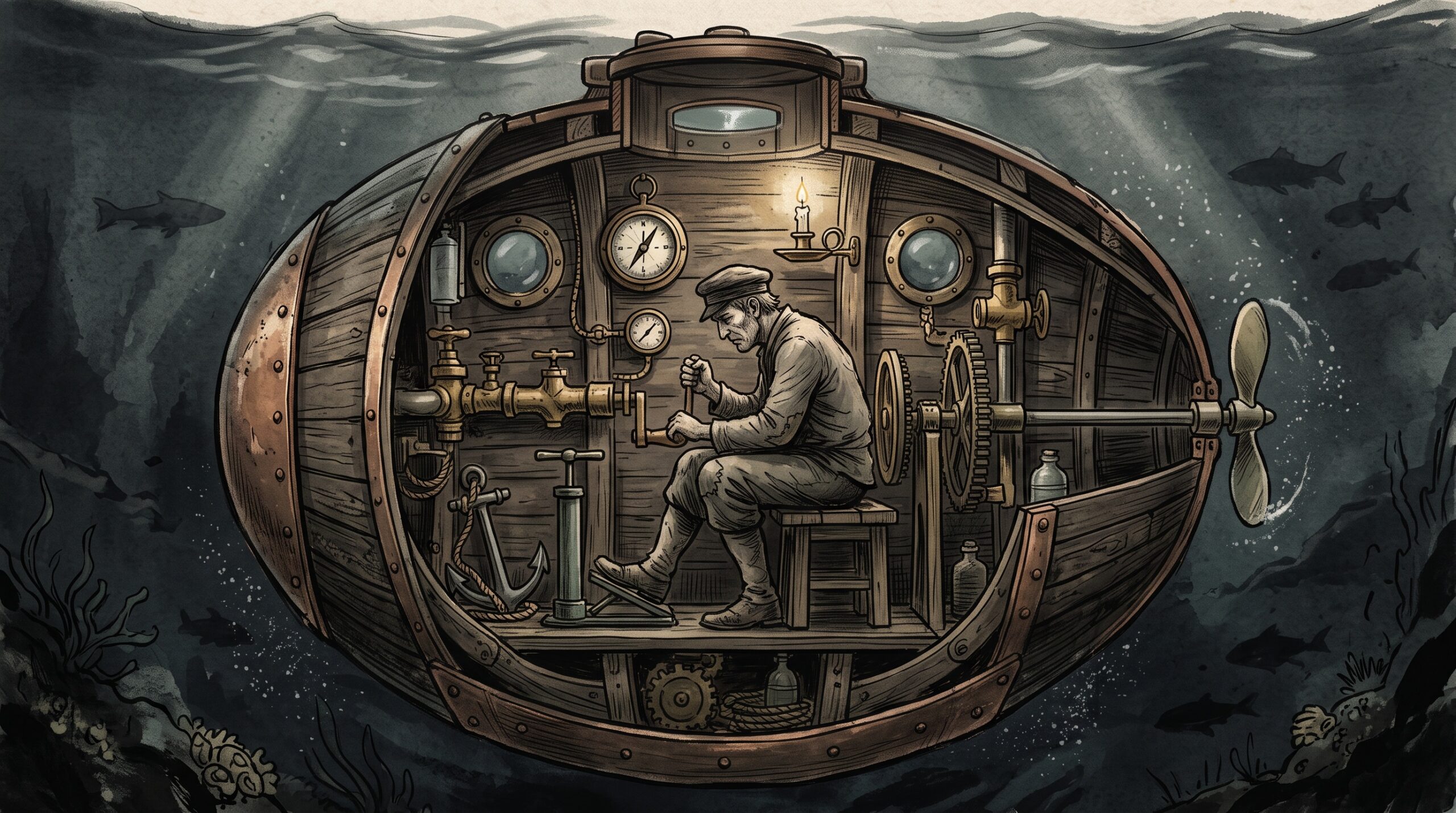 Ink-wash cutaway illustration of the interior of the one-man Turtle submarine showing the seated pilot, hand crank, propeller and foot pump
