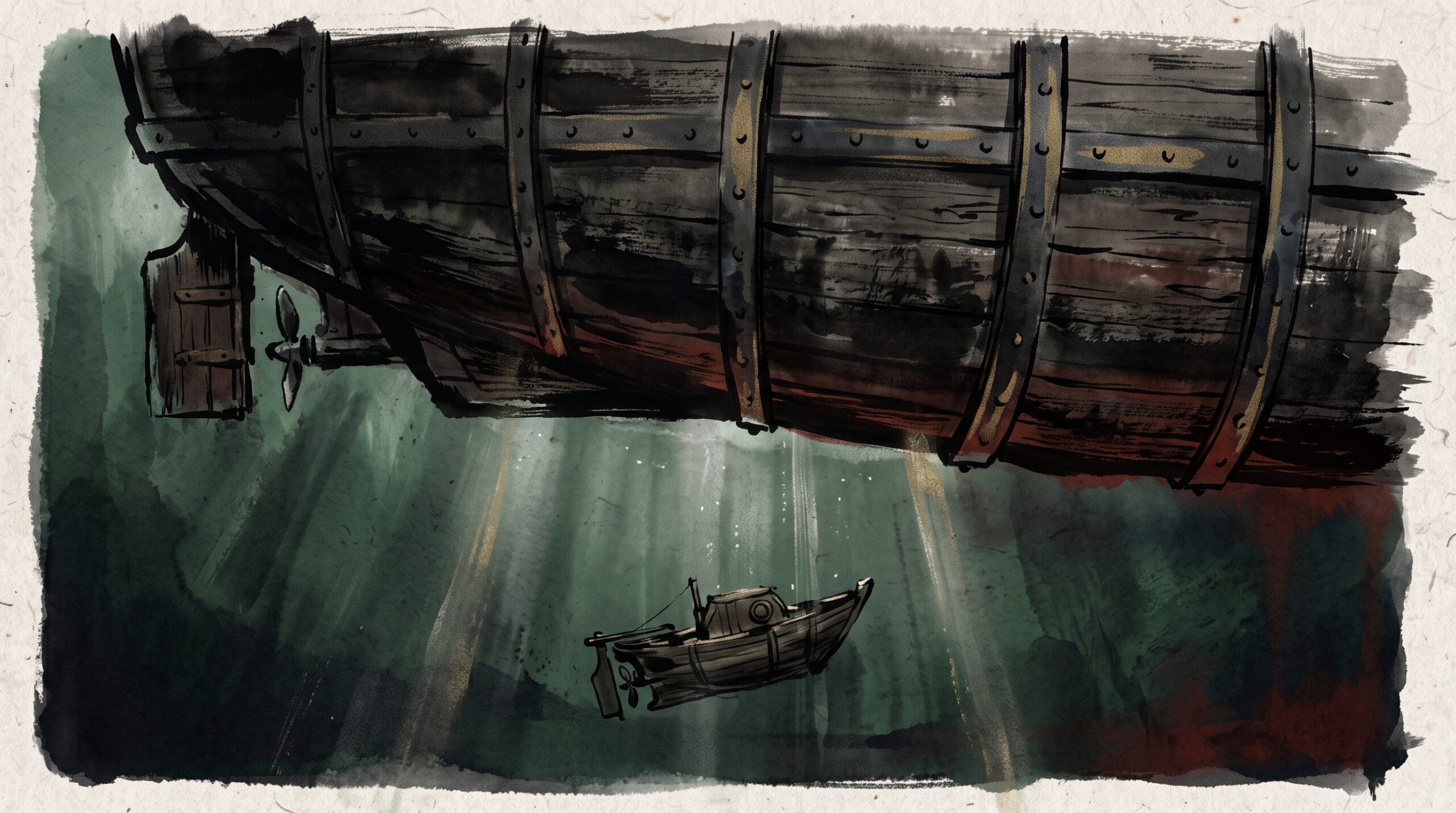Sumi-e style underwater illustration of a small submersible beneath the iron-reinforced hull of a large warship in dark water