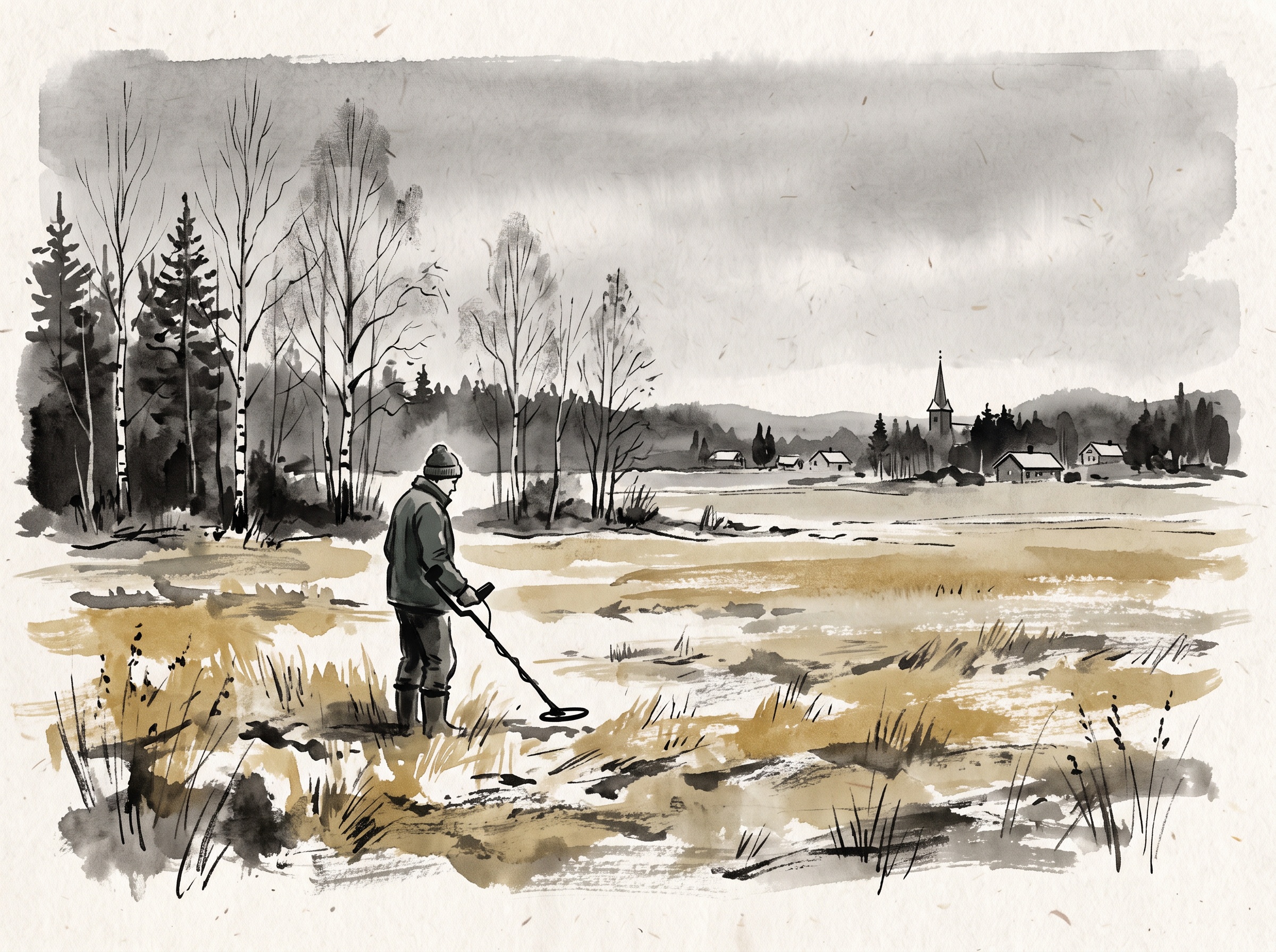 A lone metal detectorist on a quiet autumn field near a Finnish village