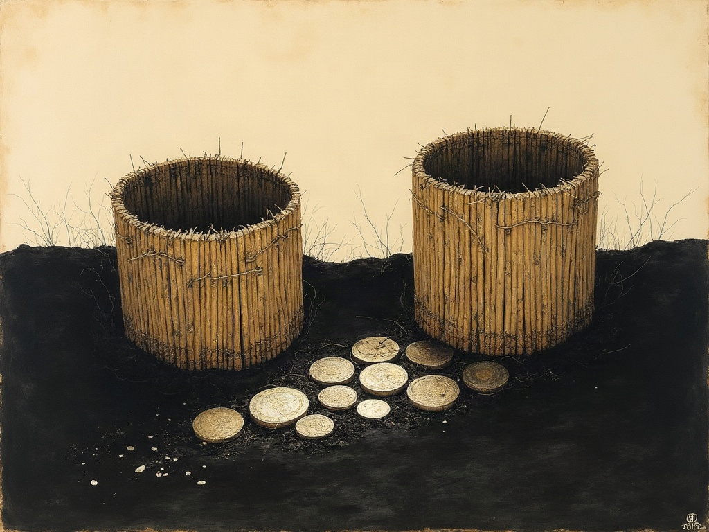 Two decayed straw containers in dark soil with silver coins spilling out
