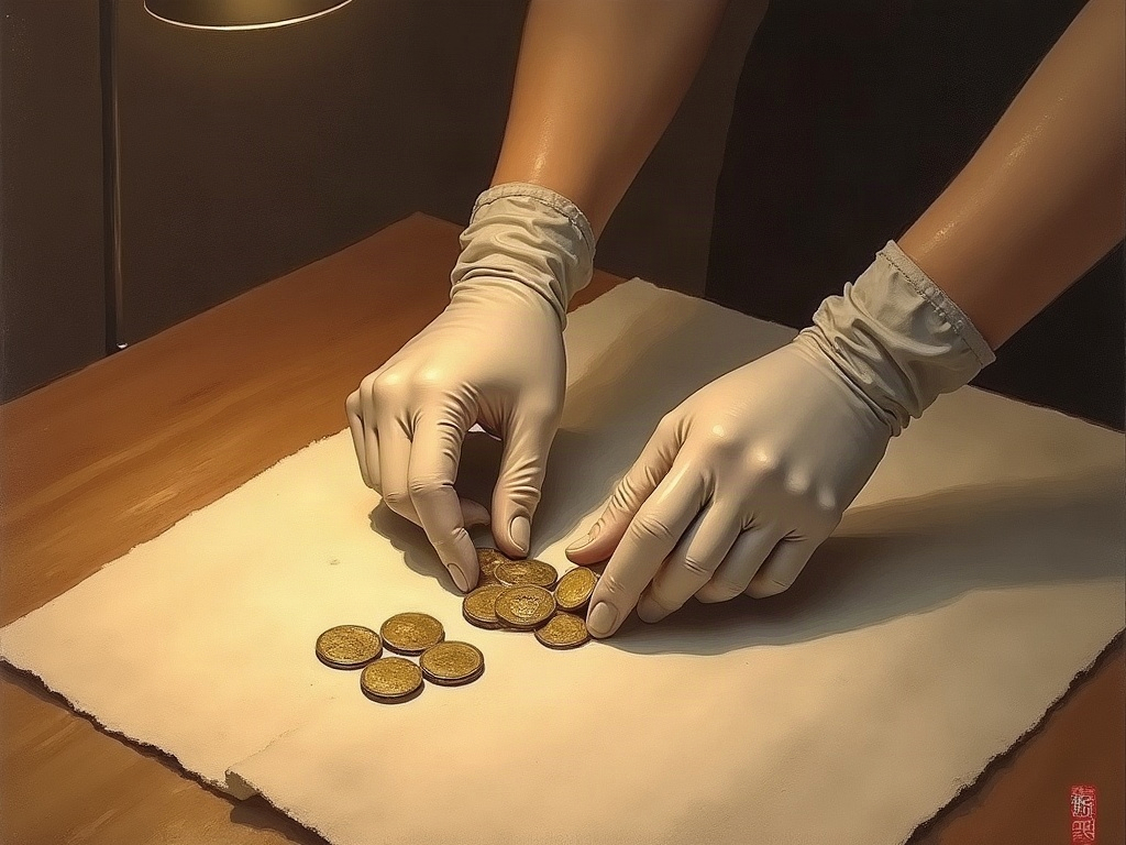 An archaeologist gently laying tarnished silver coins onto a cloth