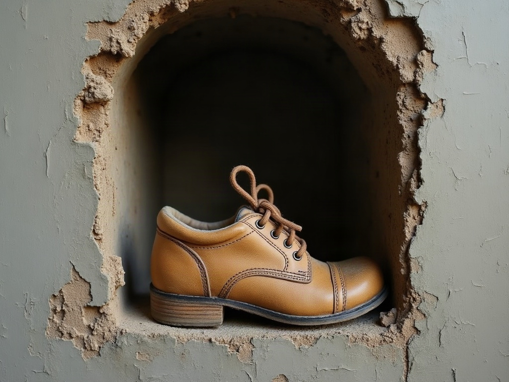 A single worn child's leather shoe hidden inside a wall cavity