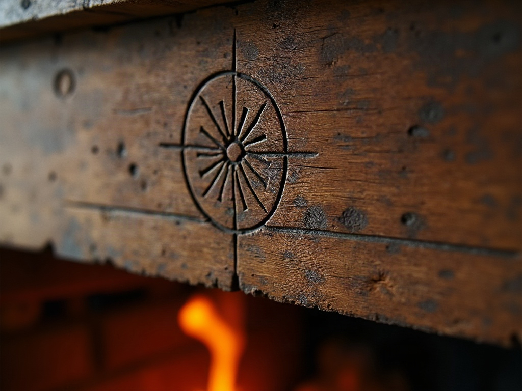 Daisy-wheel and VV witch marks carved into an old oak beam