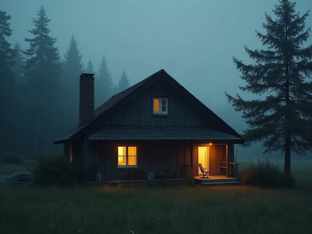 A timber-framed cottage at dusk with a single lit window