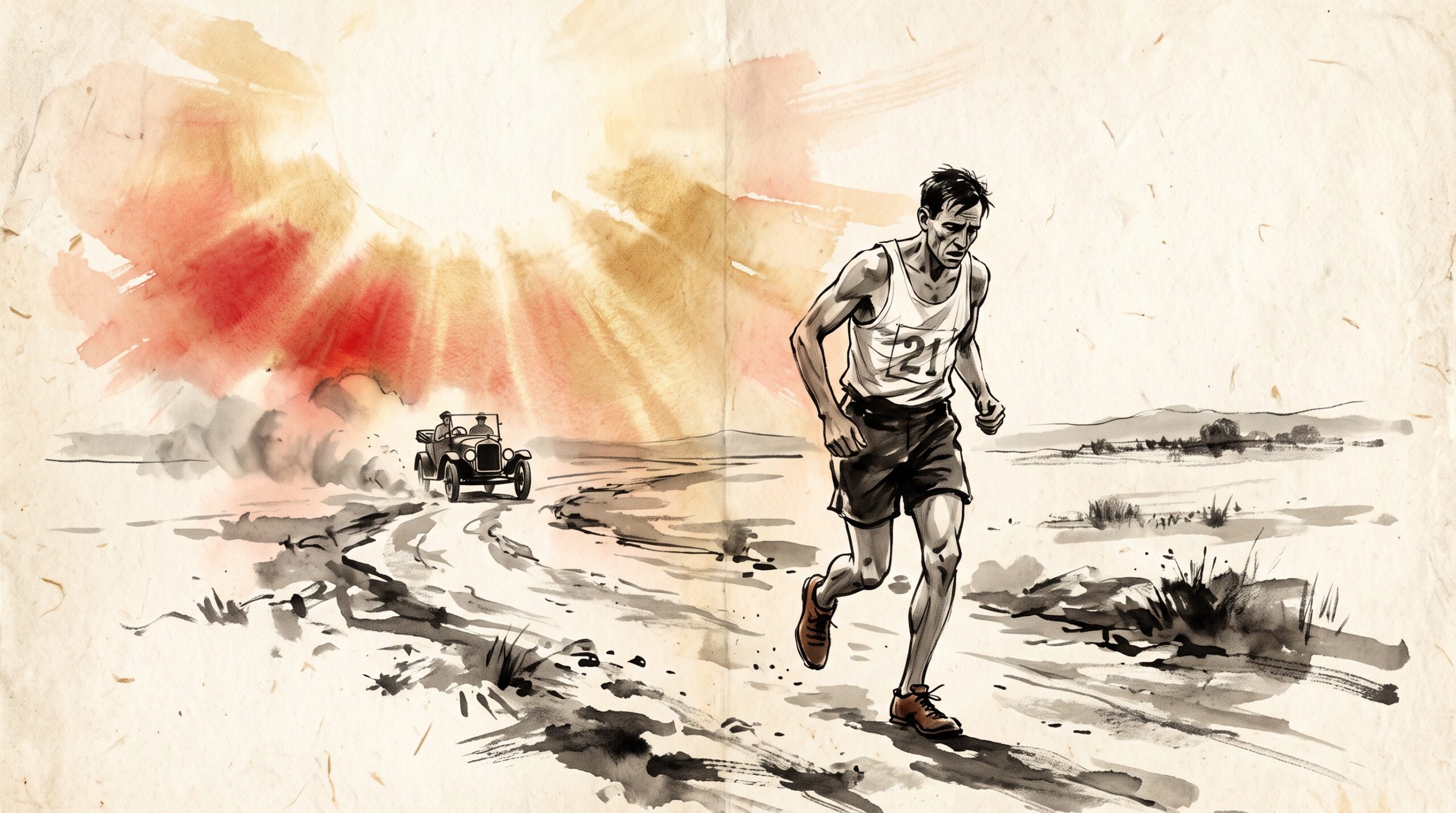 Sumi-e style painting of a 1904 marathon runner on a dusty road with a car kicking up dust behind him