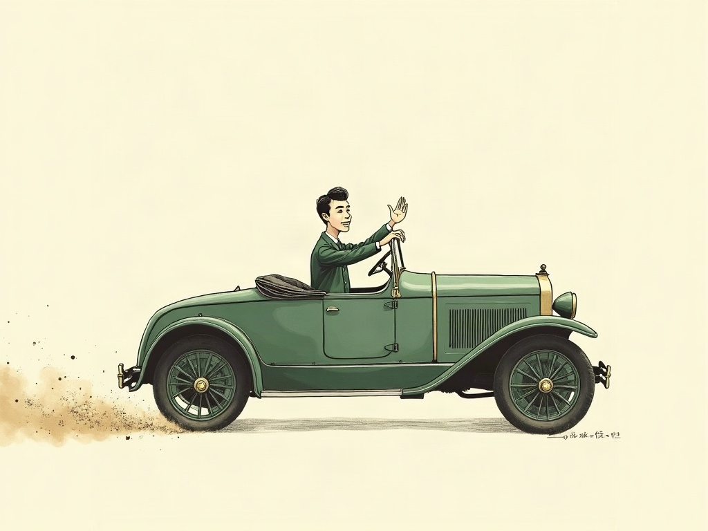 Ink-wash illustration of a runner riding in a vintage car during the race
