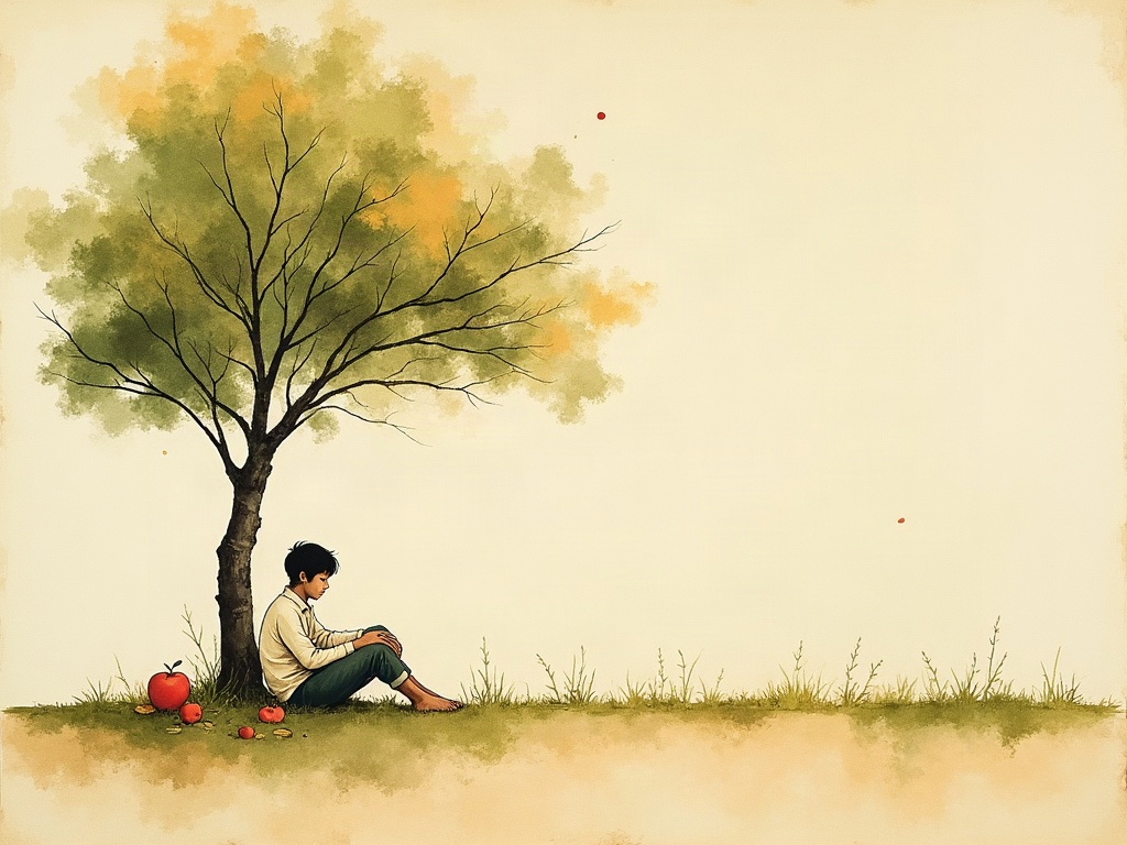 Sumi-e style painting of a small runner resting under an apple tree during the marathon