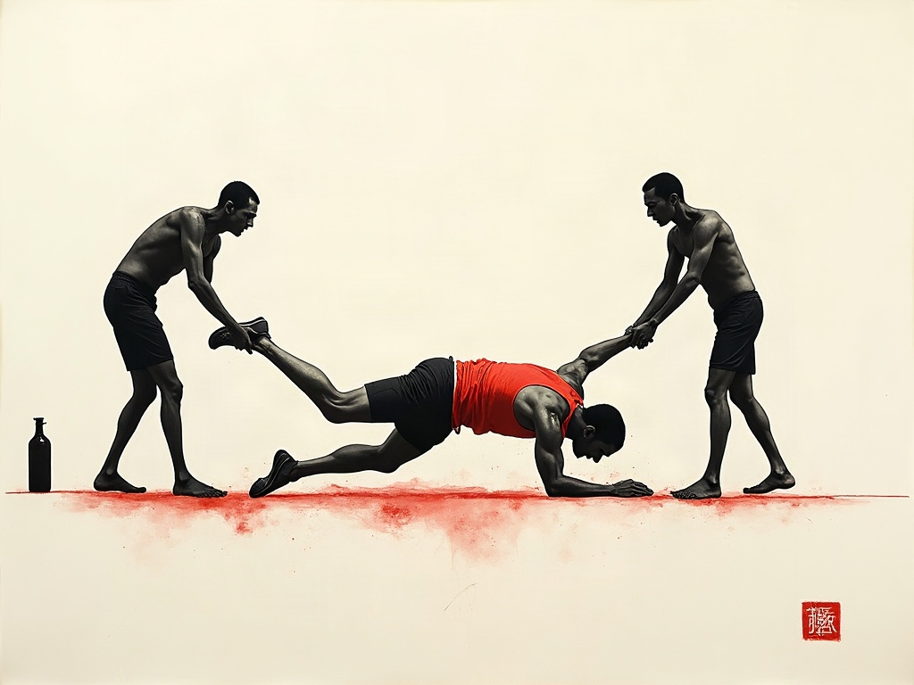 Ink painting of a collapsing runner held up by two attendants at the finish line