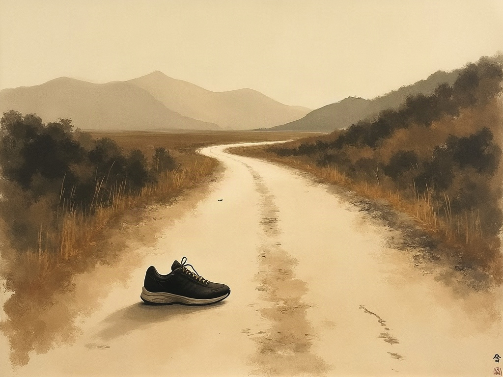 Sumi-e style painting of an empty dusty road at dusk with a single running shoe