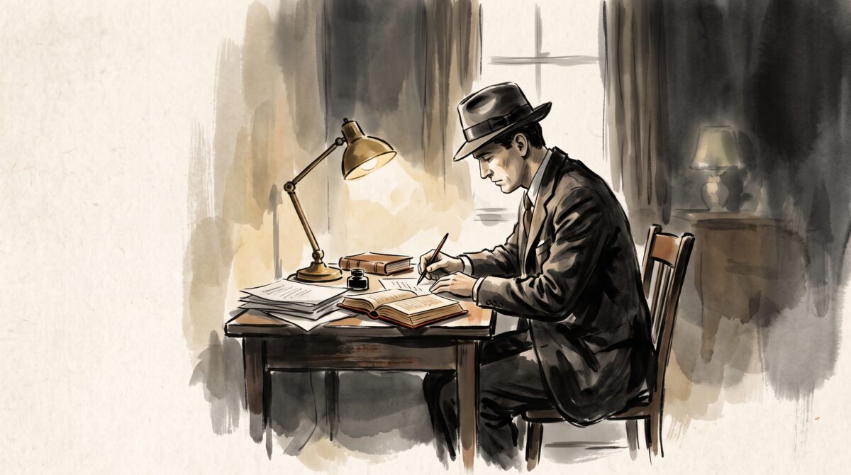 Painterly illustration of a man writing secret reports alone at a lamplit desk in the 1940s