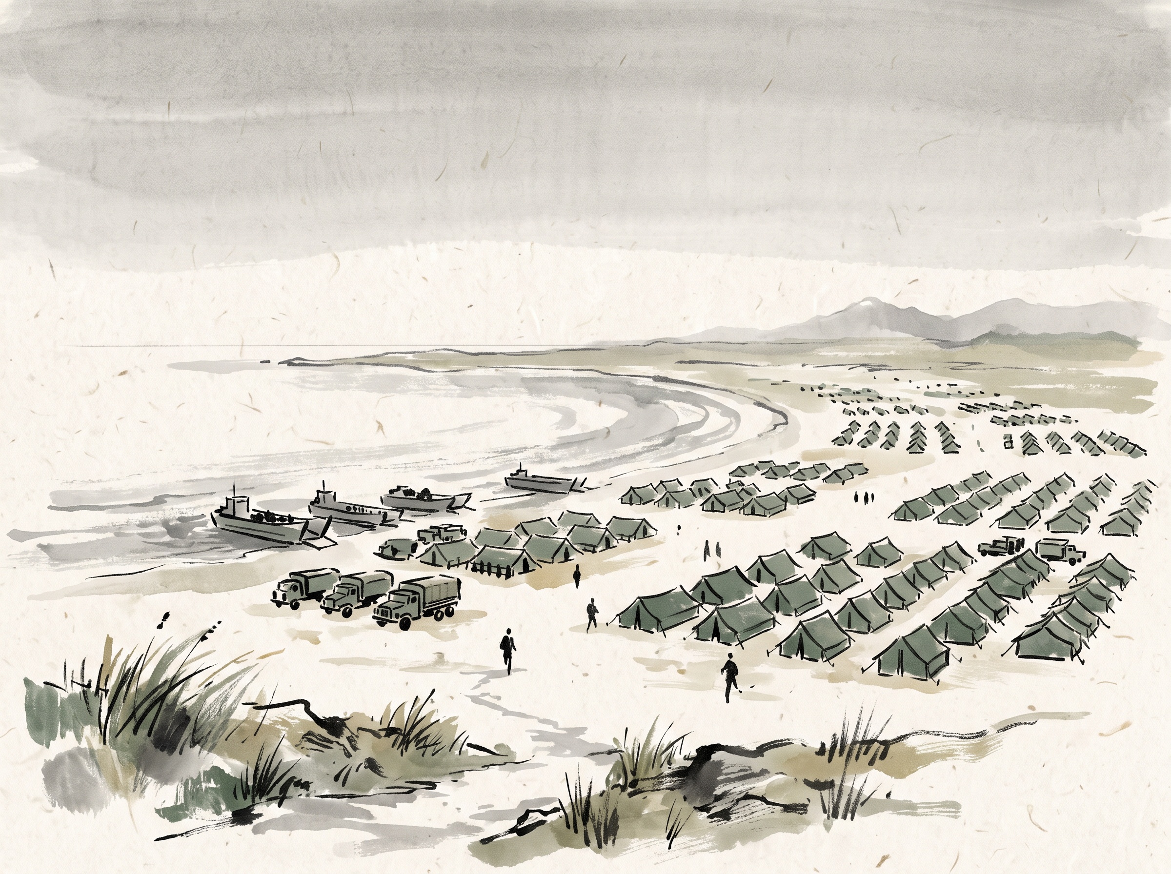 Painterly illustration of a sprawling WWII invasion staging ground that looks almost staged