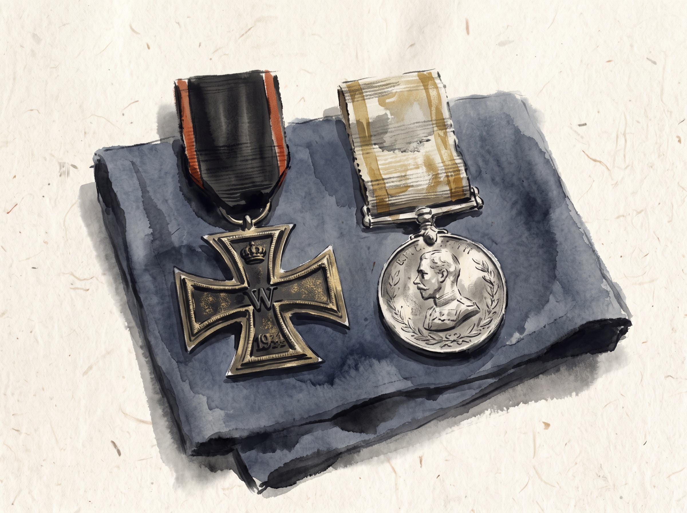 Painterly illustration of a German and a British medal lying side by side