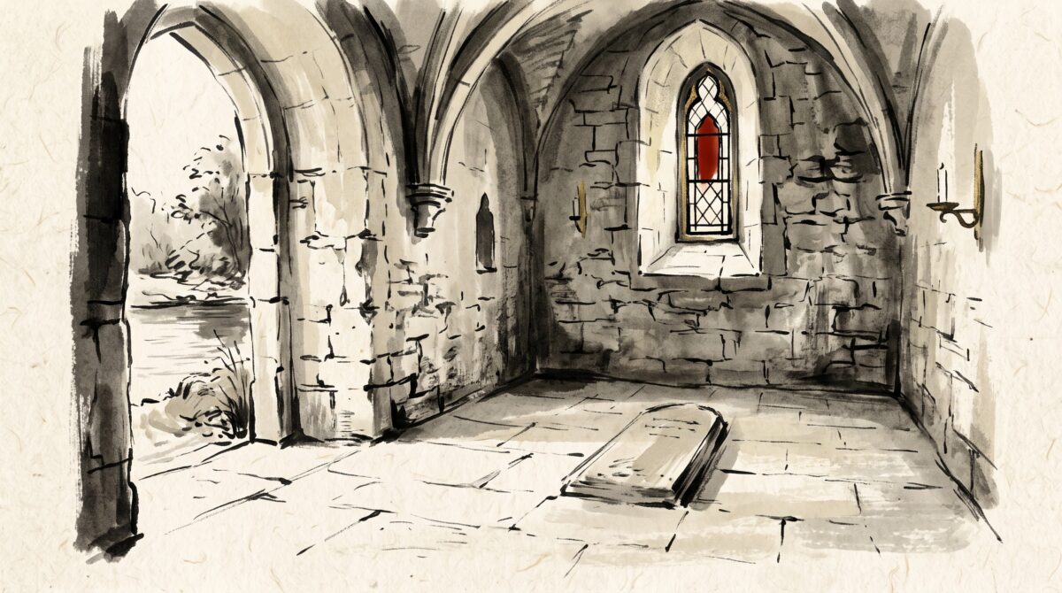 A painterly minimalist scene of a dim church crypt with light from a stained-glass window falling on a bare stone floor