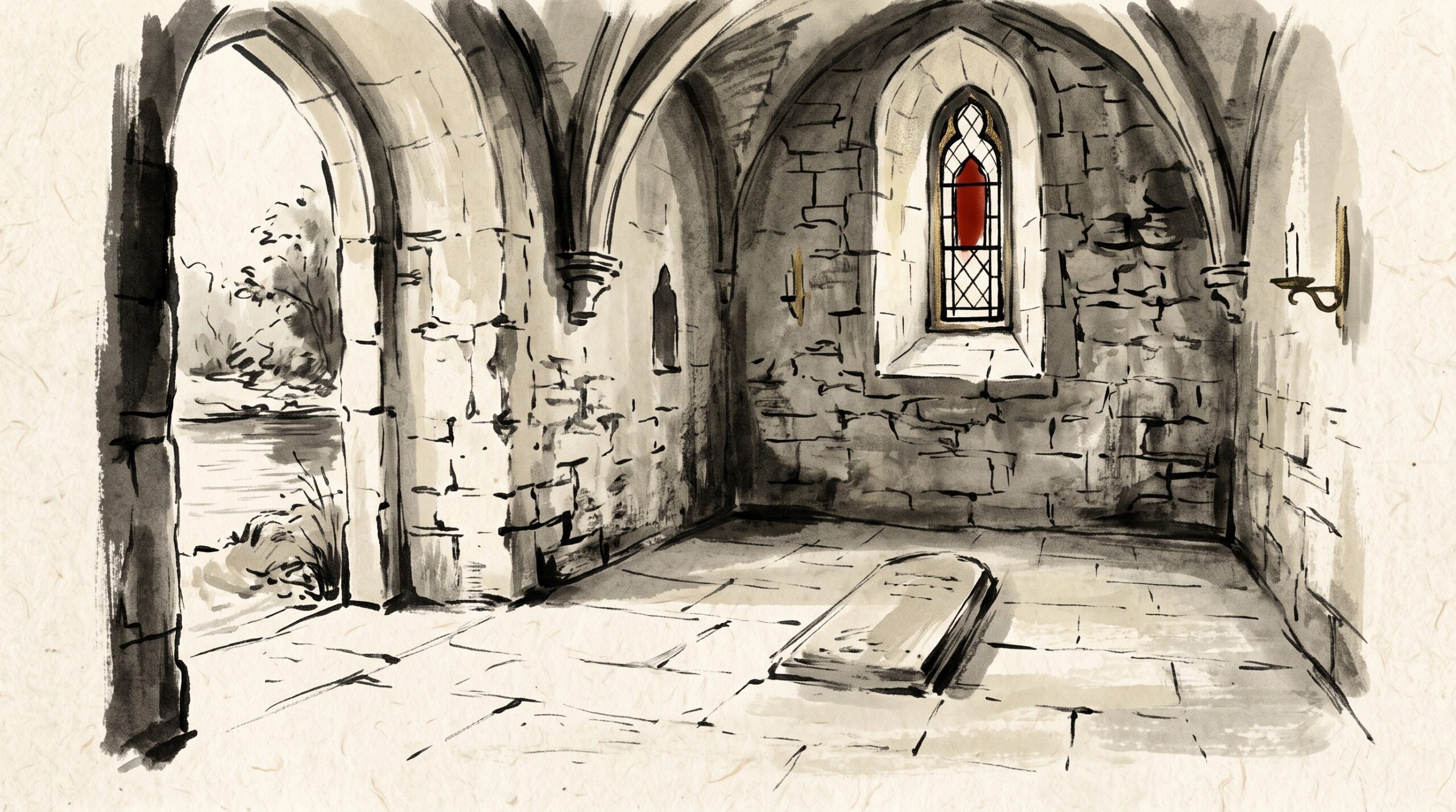 A painterly minimalist scene of a dim church crypt with light from a stained-glass window falling on a bare stone floor