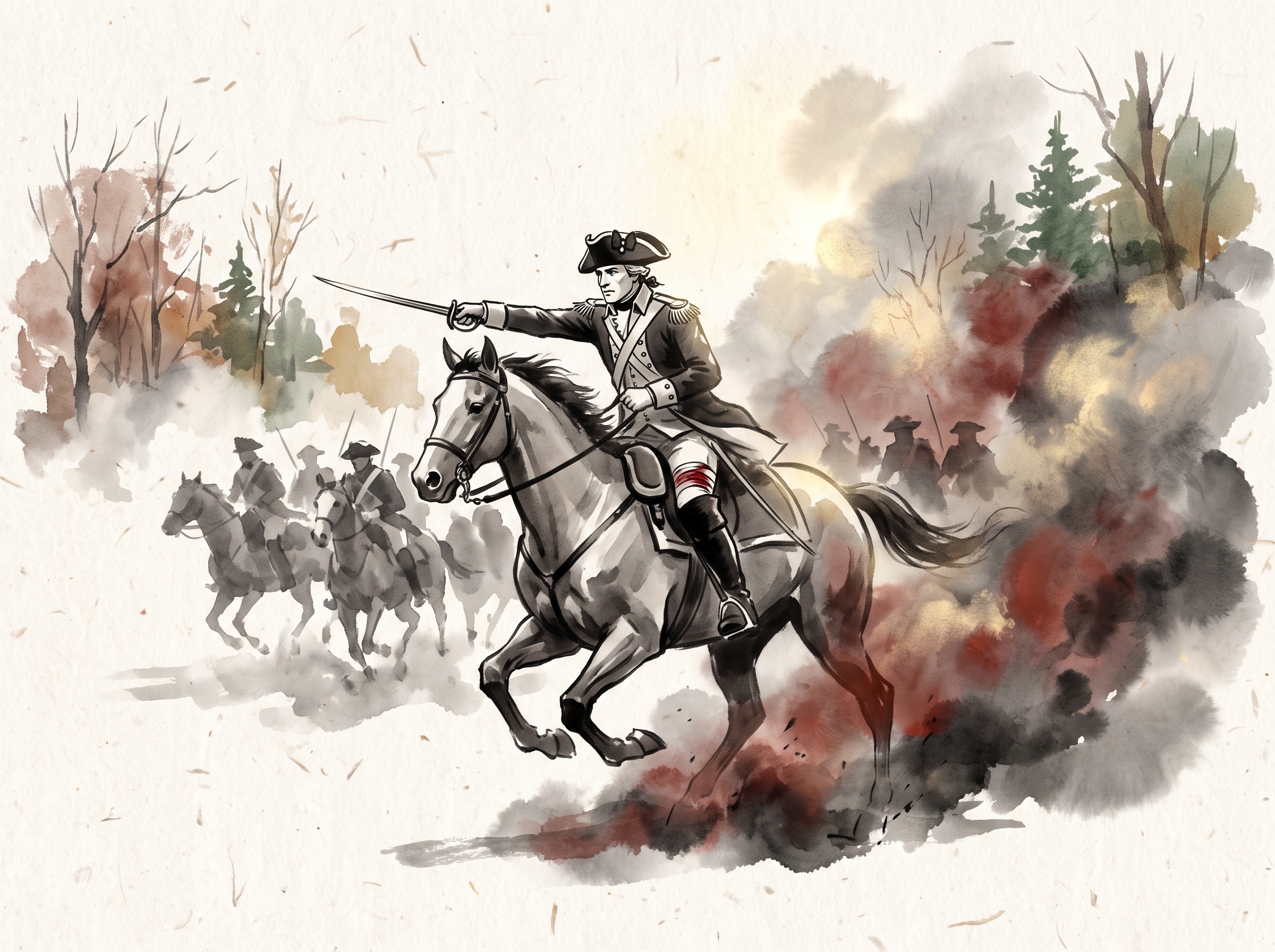 A painterly minimalist scene of a Revolutionary War officer charging on horseback through smoke at Saratoga