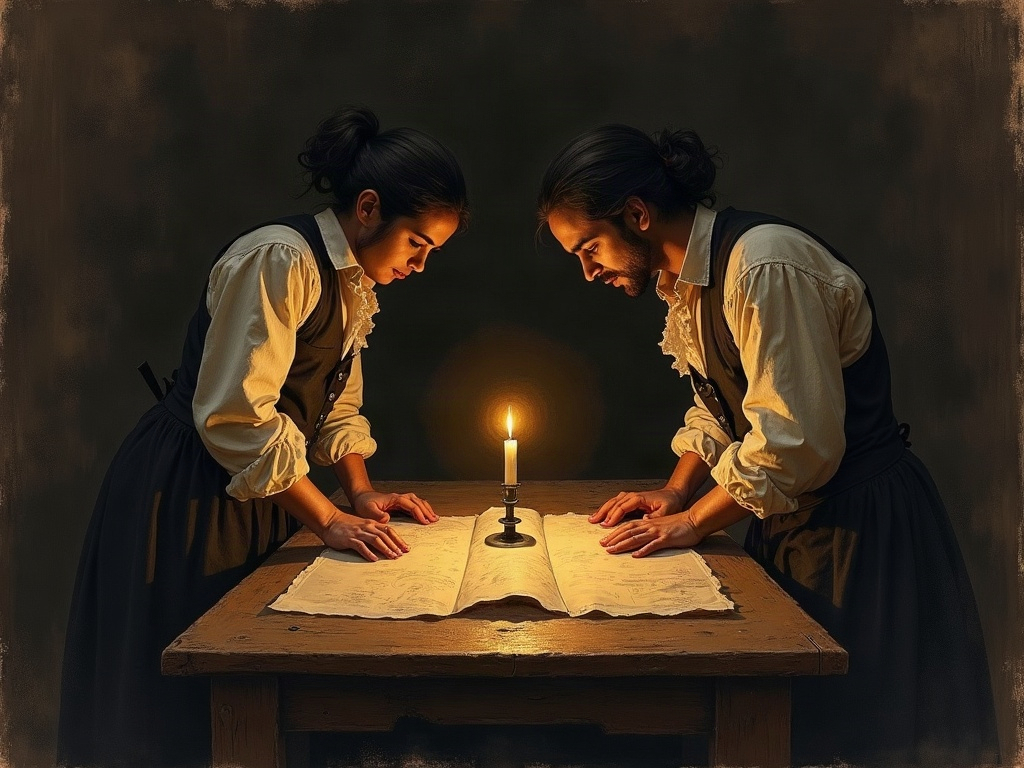 A painterly minimalist scene of two figures conspiring over a secret letter and map by candlelight