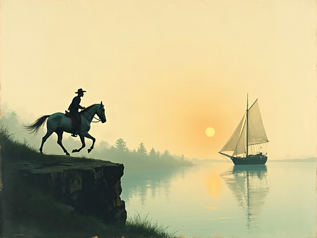 A painterly minimalist scene of a rider fleeing along a river toward a waiting sailing ship at dawn