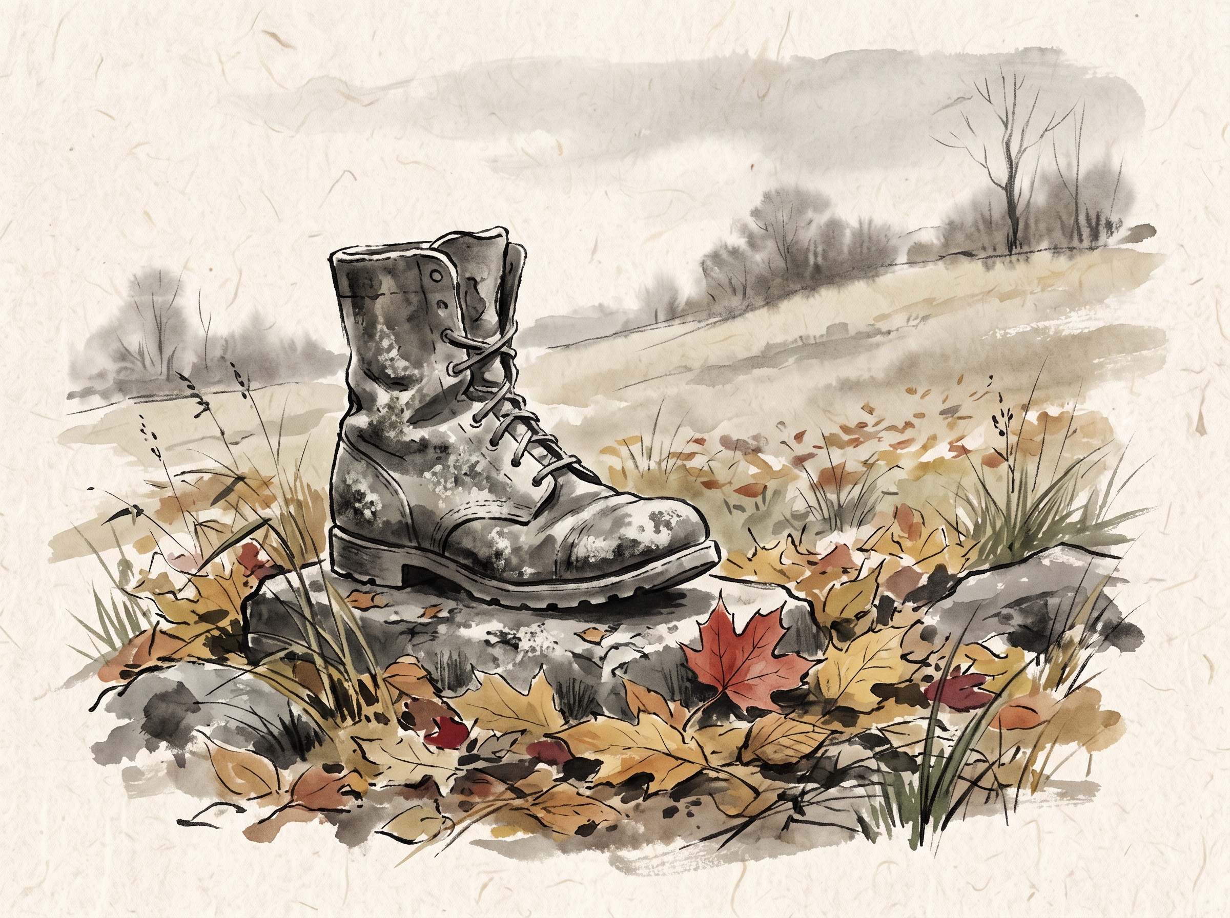 A painterly minimalist scene of a carved stone boot monument among autumn leaves on a battlefield