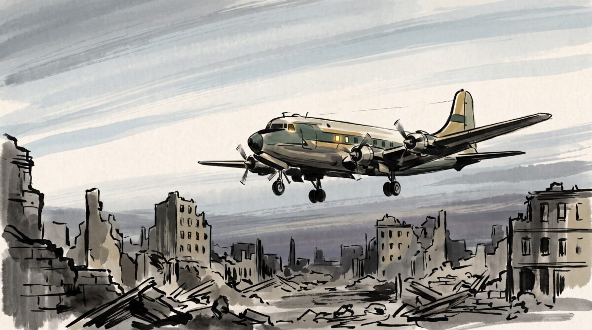 Painterly illustration of a four-engine propeller transport plane descending low over the rubble rooftops of a ruined postwar city at dusk
