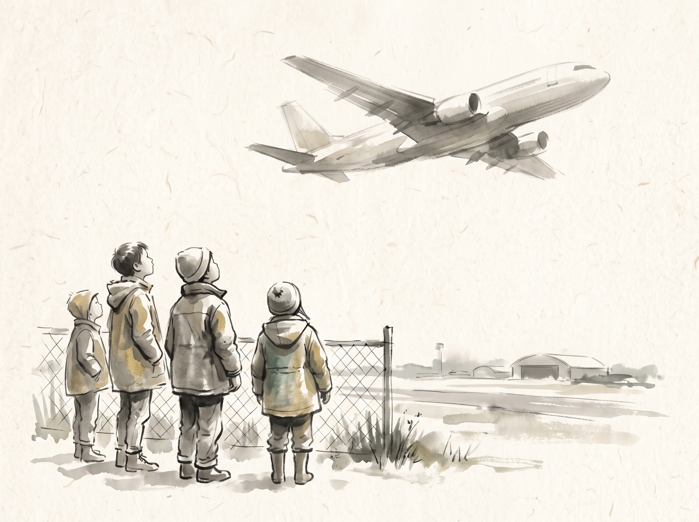 Illustration of thin children in worn coats standing quietly at a wire airfield fence, looking up as a large aircraft passes overhead