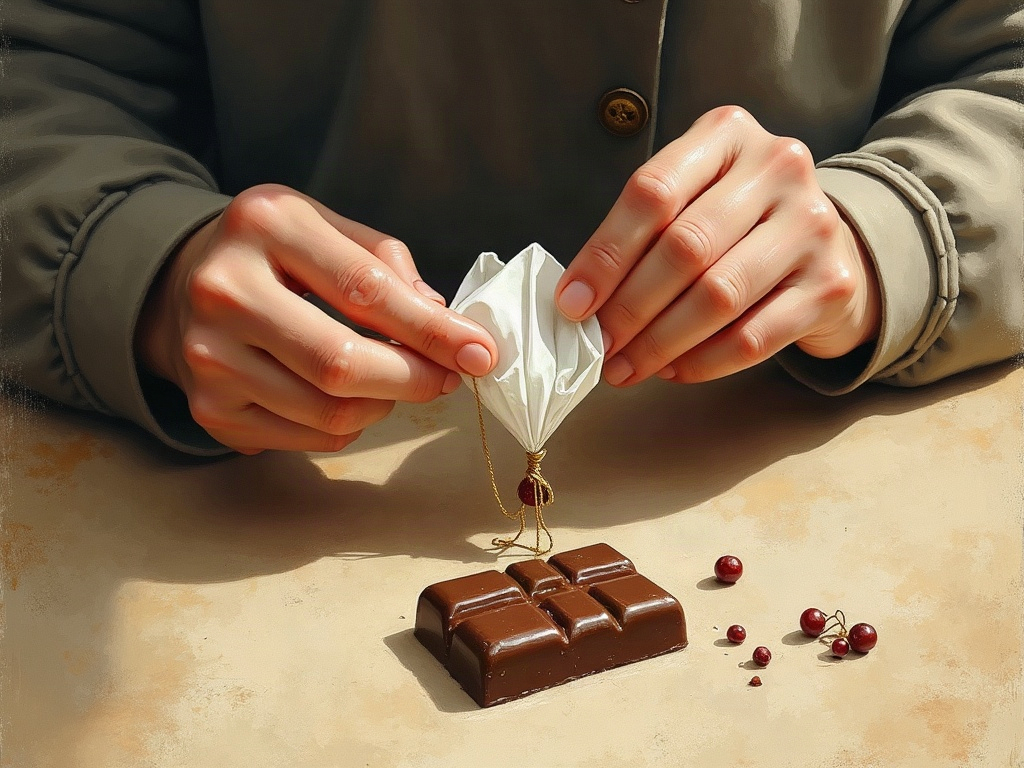 Illustration of weathered hands tying a small white handkerchief into a tiny parachute around a wrapped chocolate bar by lamplight