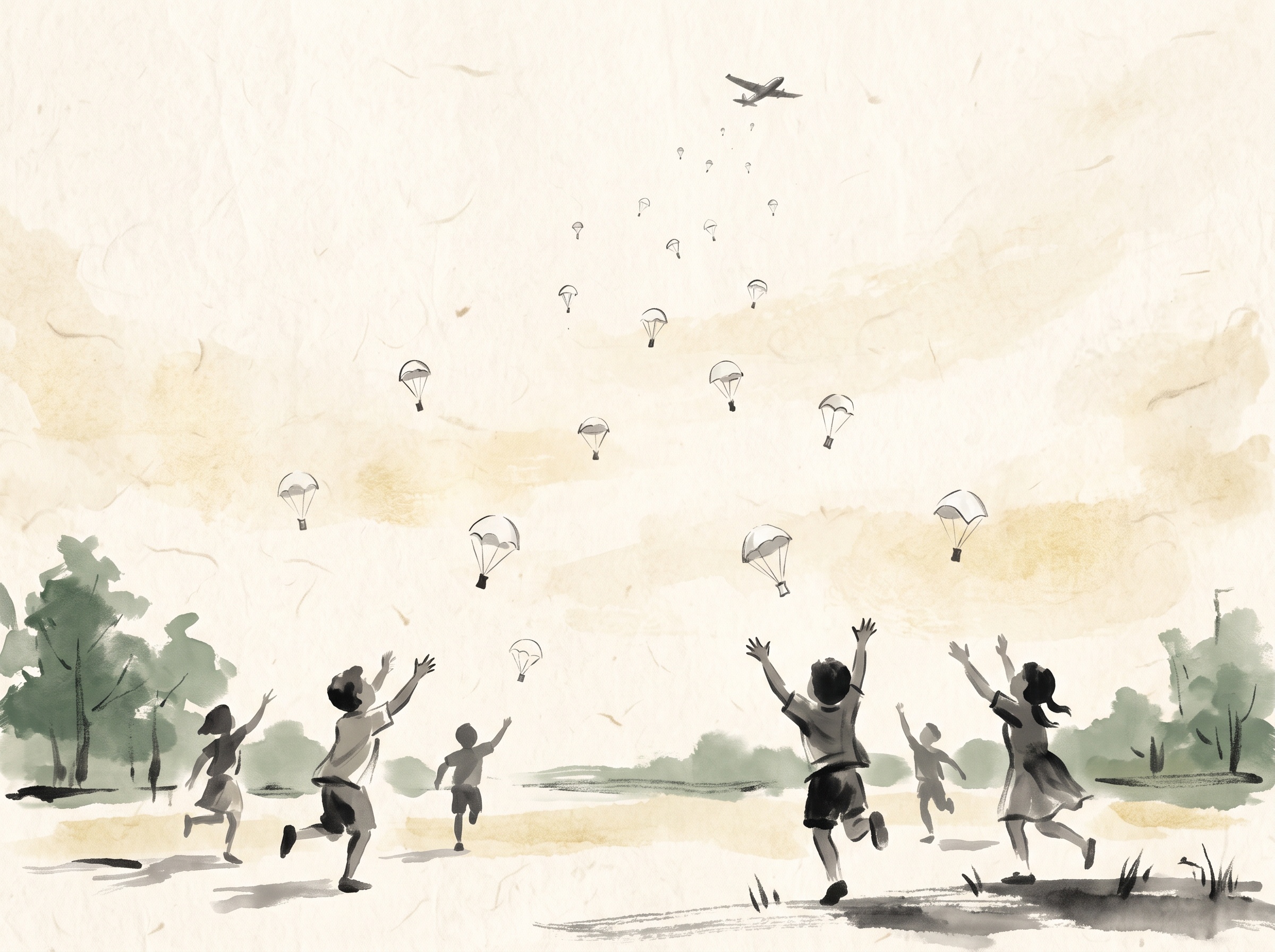 Illustration of tiny white handkerchief parachutes drifting down from a distant plane while small figures of children run with arms raised to catch them