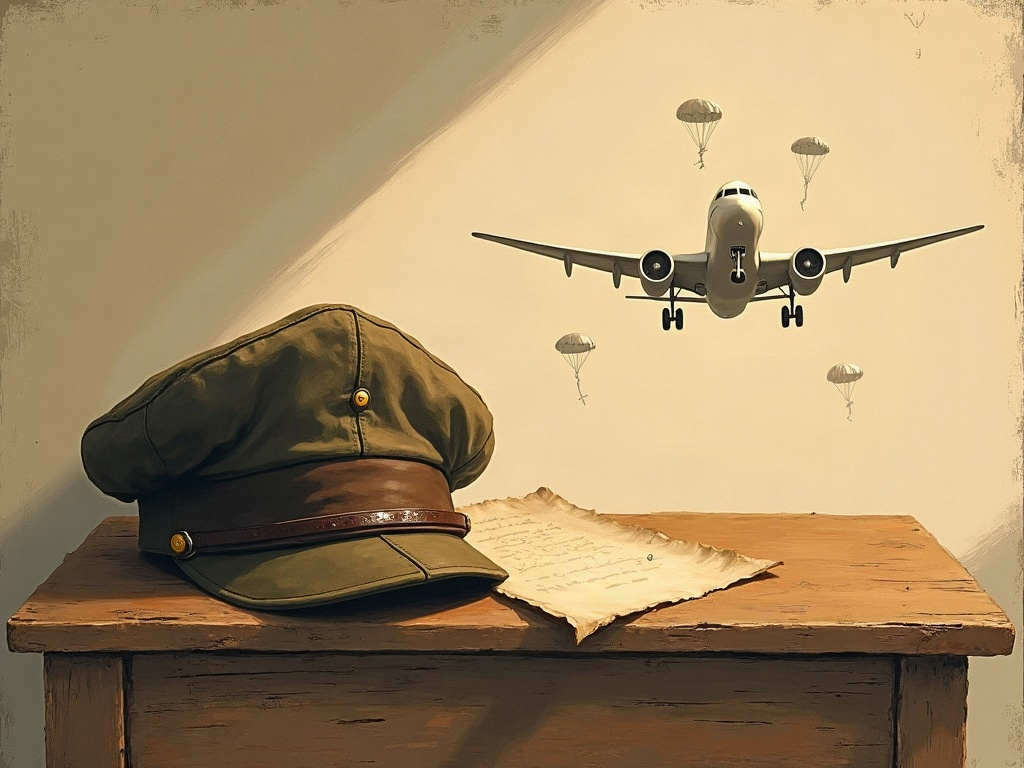 Illustration of an elderly aviator's cap and a child's faded letter resting on weathered wood in lamplight, with a faint plane and parachutes in the shadows