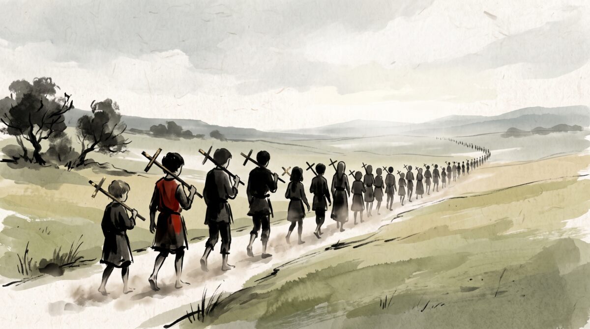 A painterly minimalist scene of a long column of medieval children walking toward the horizon carrying small crosses