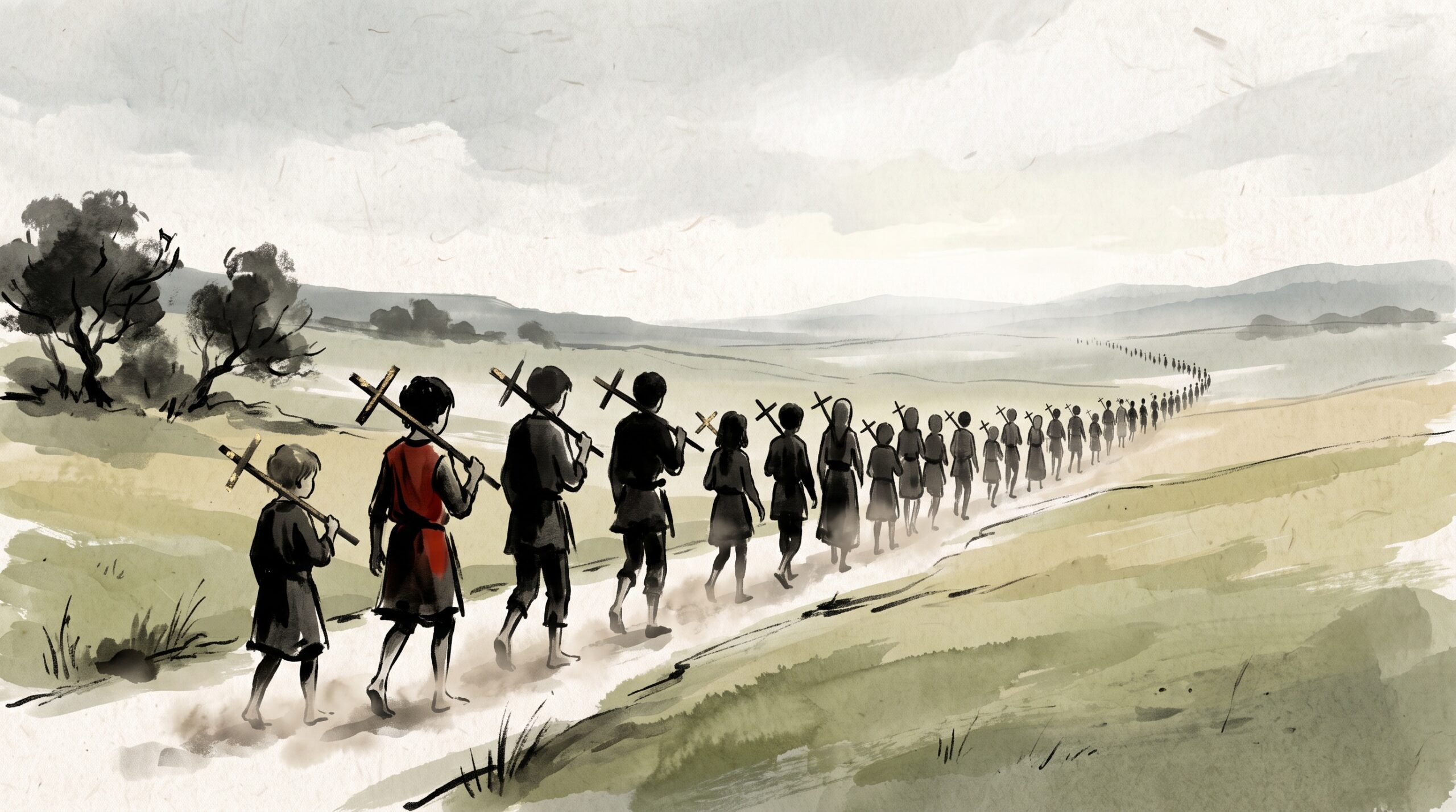 A painterly minimalist scene of a long column of medieval children walking toward the horizon carrying small crosses