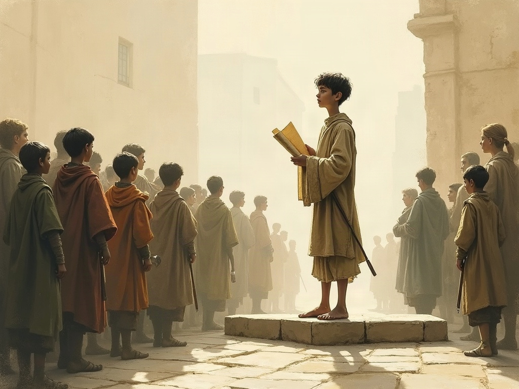 A painterly minimalist scene of a young medieval boy preaching to a rapt crowd while holding a parchment letter