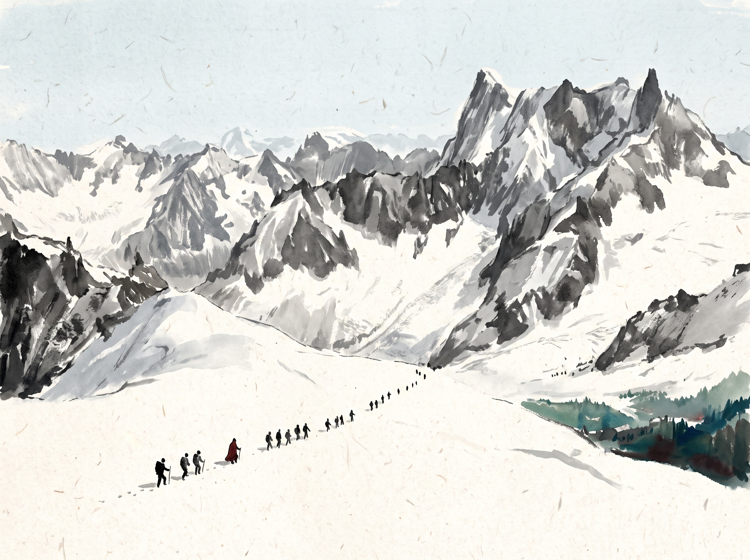 A painterly minimalist scene of tiny figures crossing a vast snowy Alpine pass dwarfed by towering peaks
