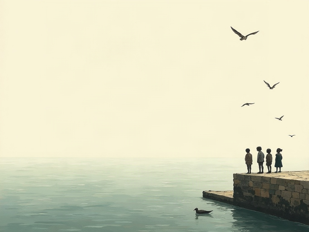 A painterly minimalist scene of ragged children on a harbor quay staring at a calm sea that will not part