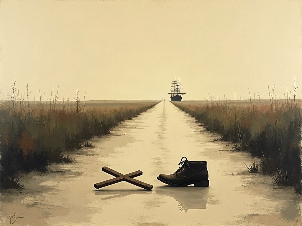 A painterly minimalist scene of an abandoned child's shoe and fallen cross on an empty road with a distant ship