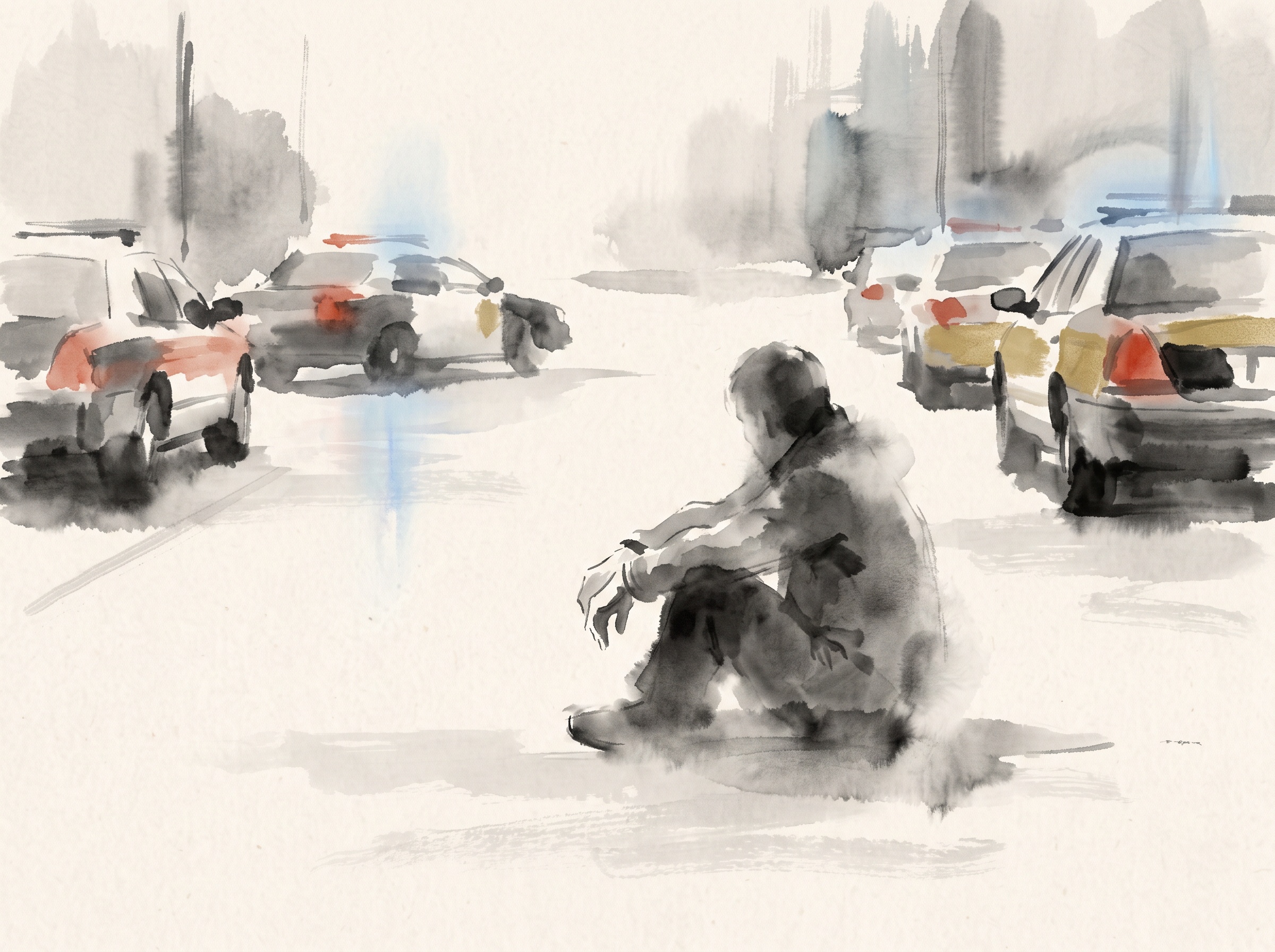 Restrained illustration of a lone figure seated on asphalt at a distance, ringed by the suggestion of police vehicles and cold flashing light