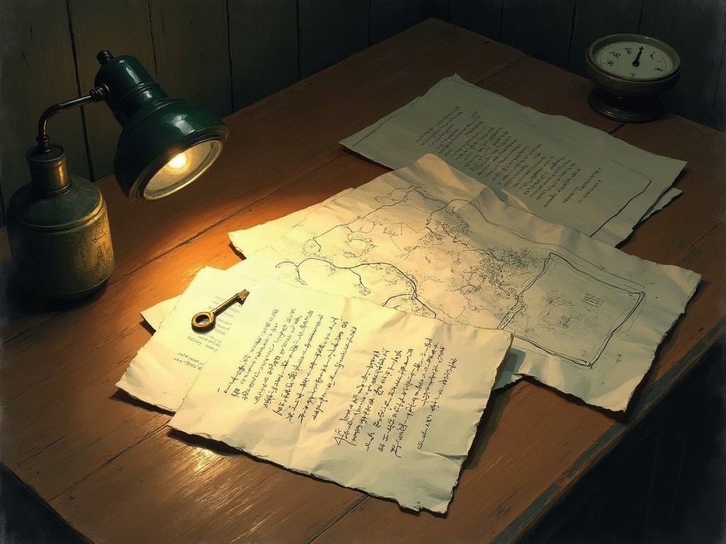 Illustration of several handwritten notes and a crude hand-drawn map laid out on a worn wooden table under a shaft of lamplight, a small key resting on one corner