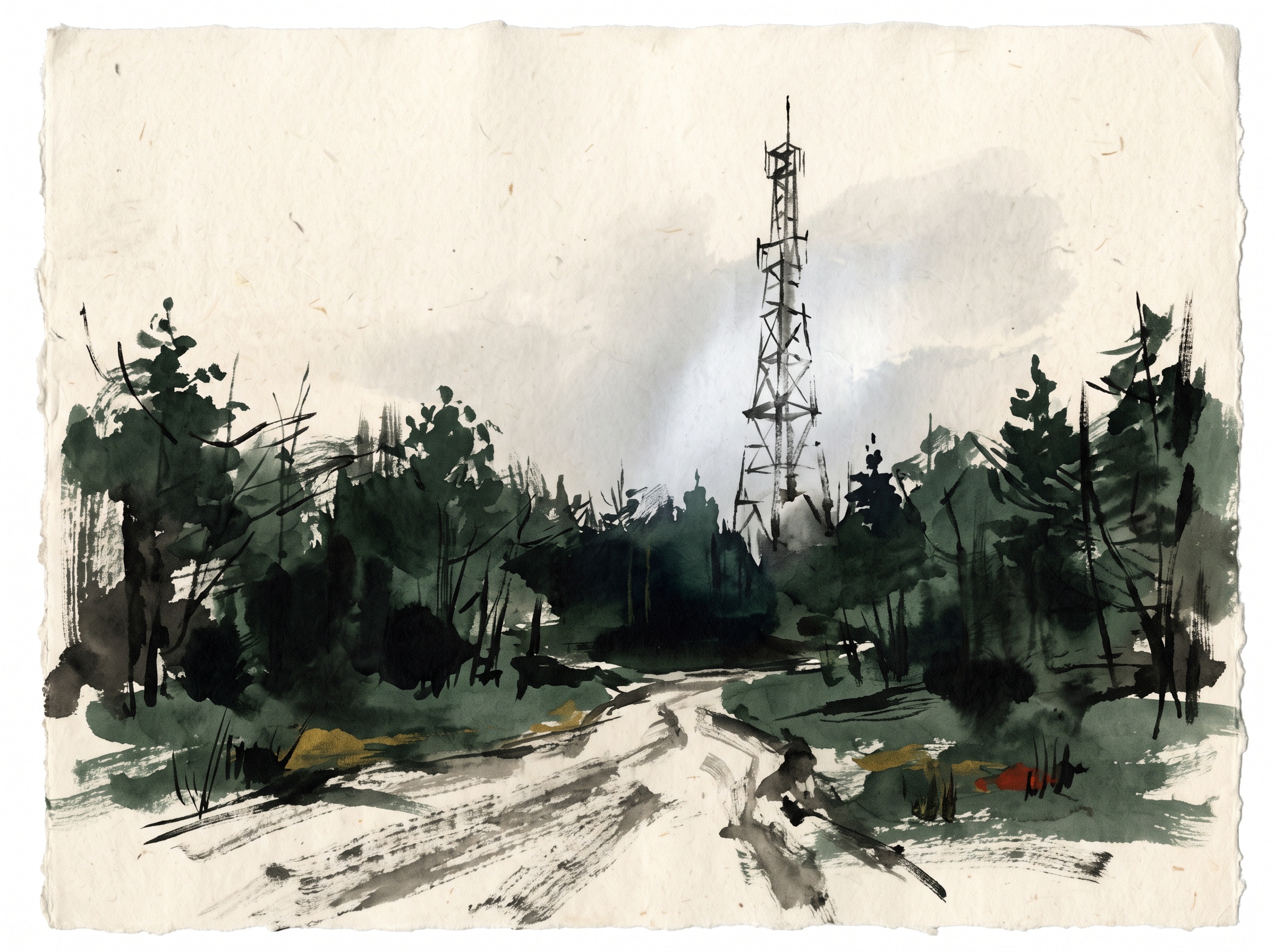 Illustration of a dirt road ending at a clearing beneath a tall skeletal television transmission tower in dense summer woods under a pale sky