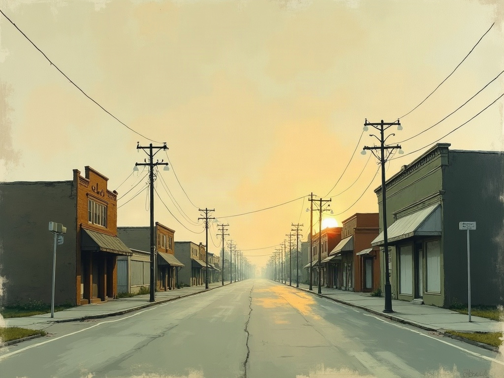 Illustration of an empty small-town American street at dusk with shuttered storefronts and a single streetlamp coming on beneath a vast fading sky