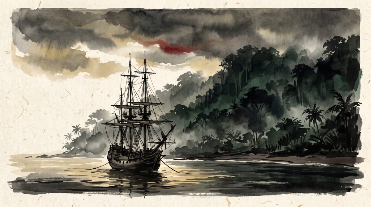 A painterly minimalist scene of a Scottish sailing ship anchored off a dense tropical jungle shore