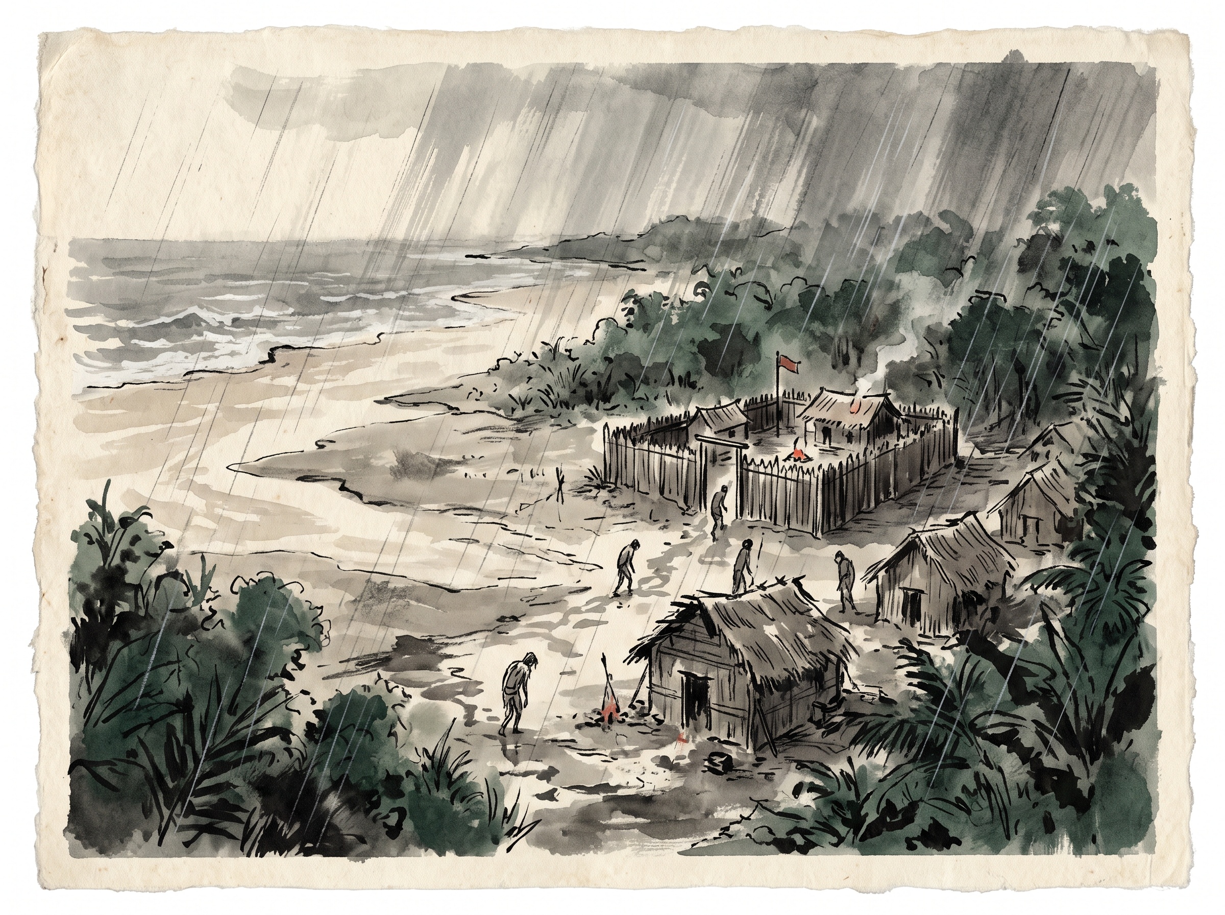 A painterly minimalist scene of a small jungle fort and huts in heavy rain, settlers weakened by disease