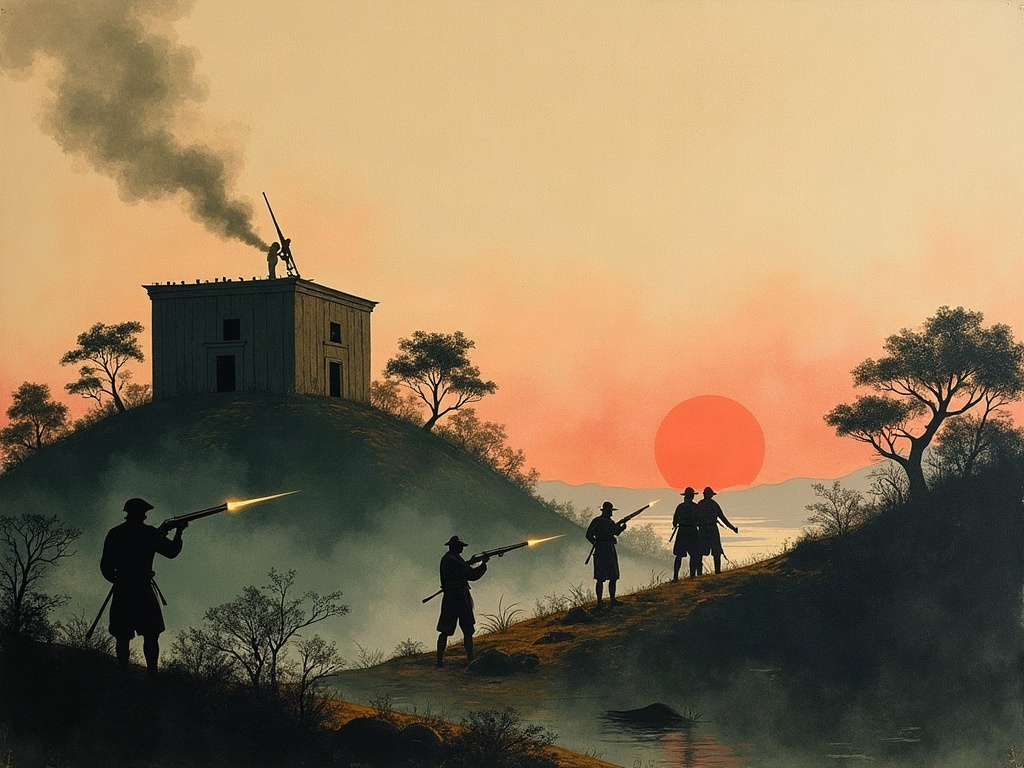 A painterly minimalist scene of Spanish soldiers besieging a wooden fort at dusk in the jungle