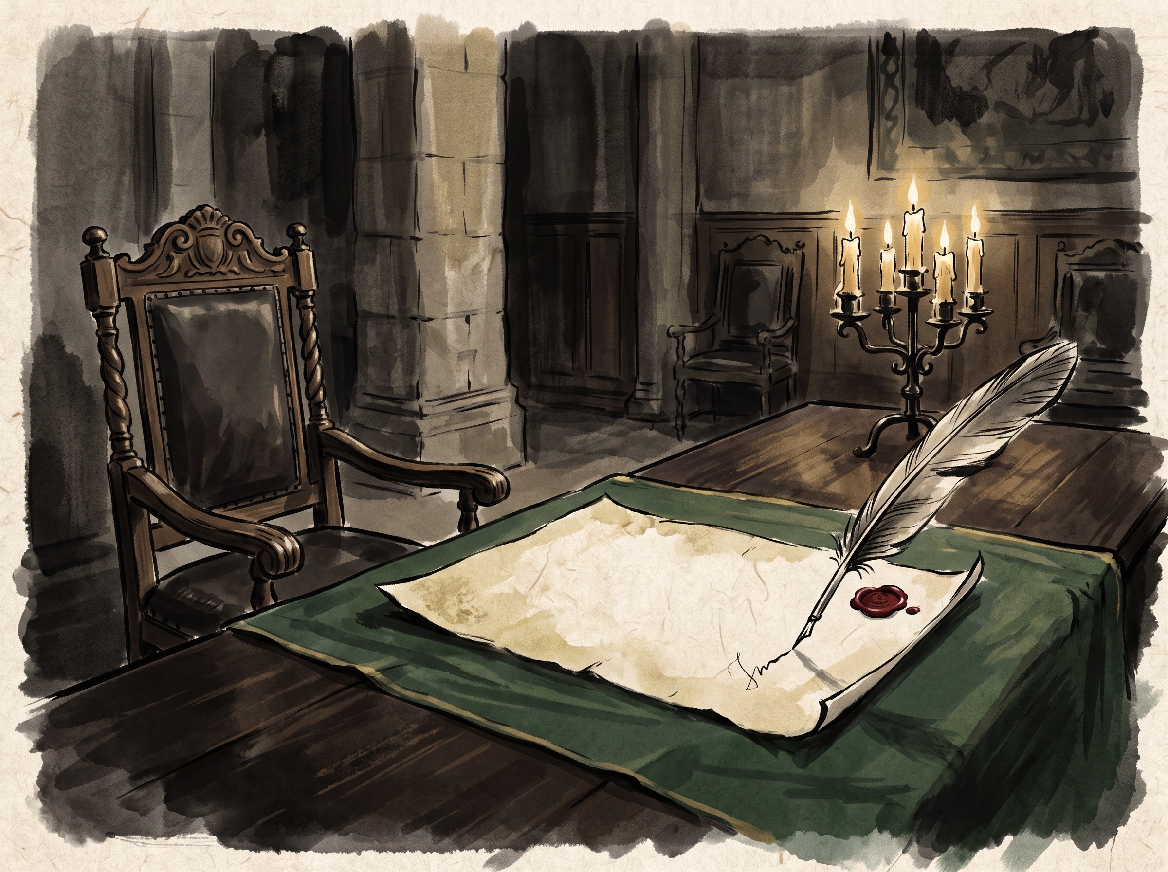 A painterly minimalist scene of a quill signing a treaty parchment in a dim parliament chamber