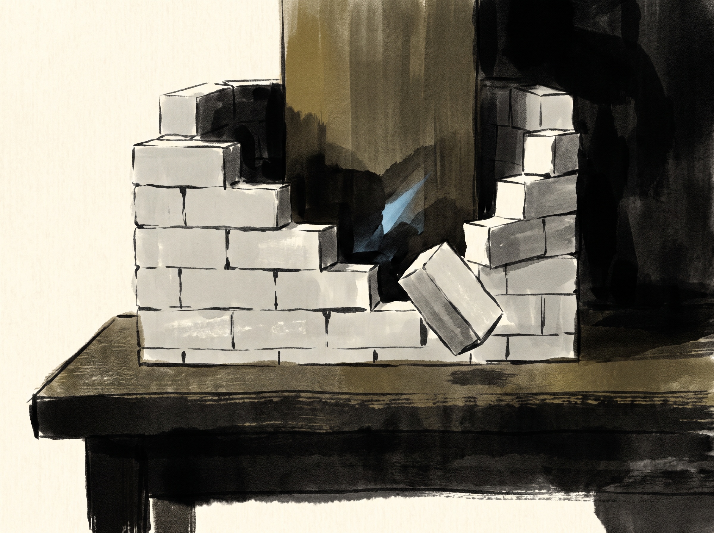 Illustration of pale bricks stacked around a hidden core with one brick falling and a cold blue flash at the centre