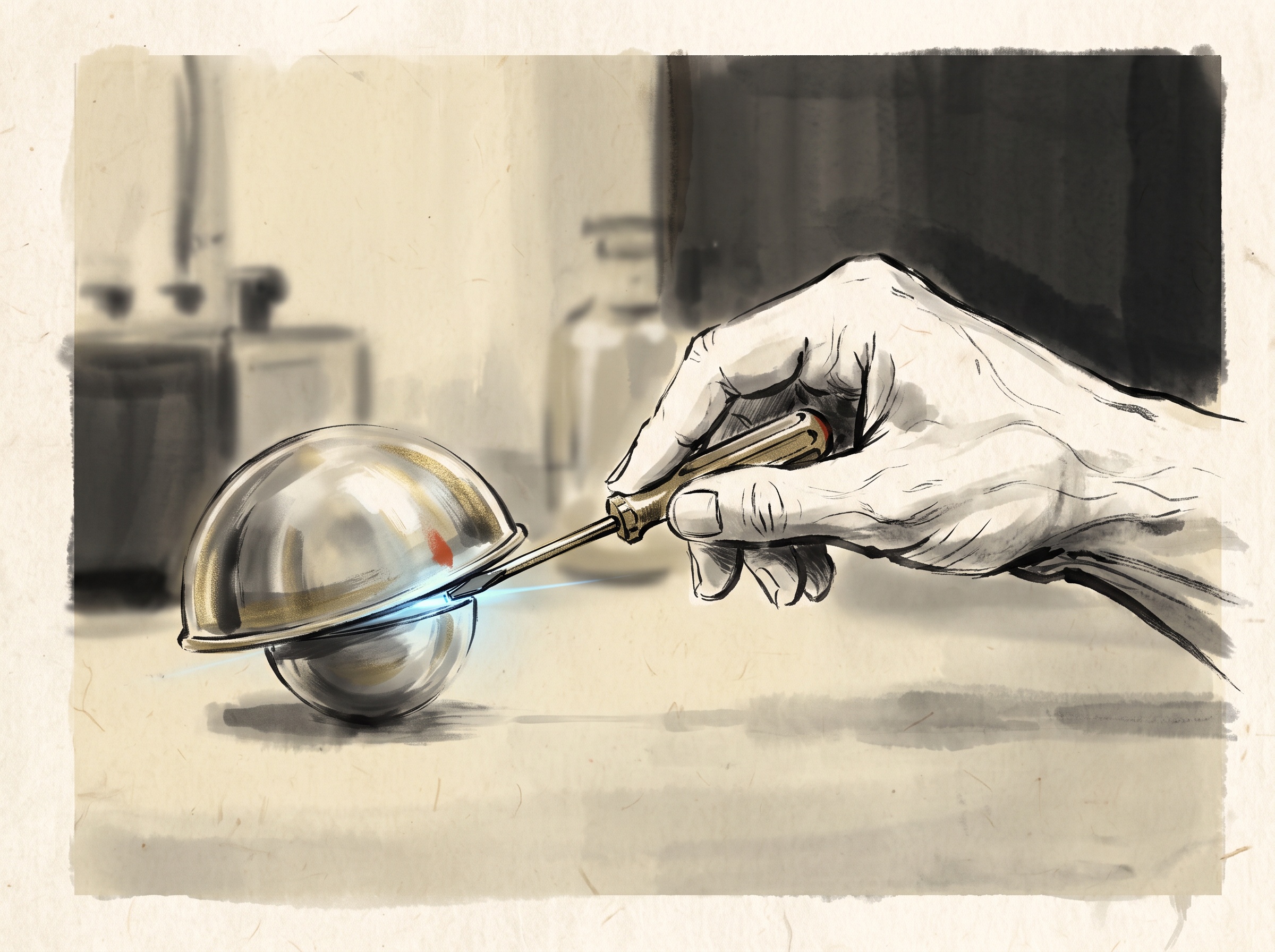 Illustration of a hand holding a screwdriver wedged beneath a metal dome lowered over a hidden sphere, a faint blue glow at the gap