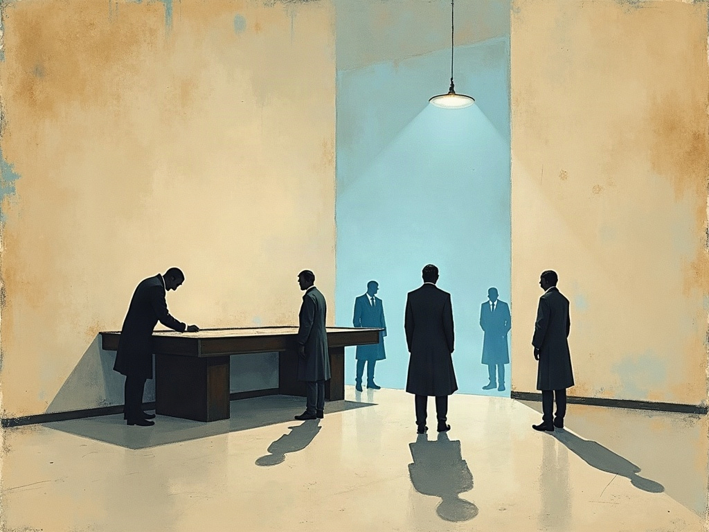 Illustration of indistinct figures in a dim laboratory turning as a sudden cold blue light floods the bench before them