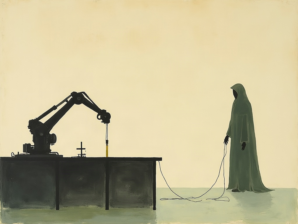 Illustration of an empty laboratory bench with a remote mechanical arm reaching toward a distant shrouded object