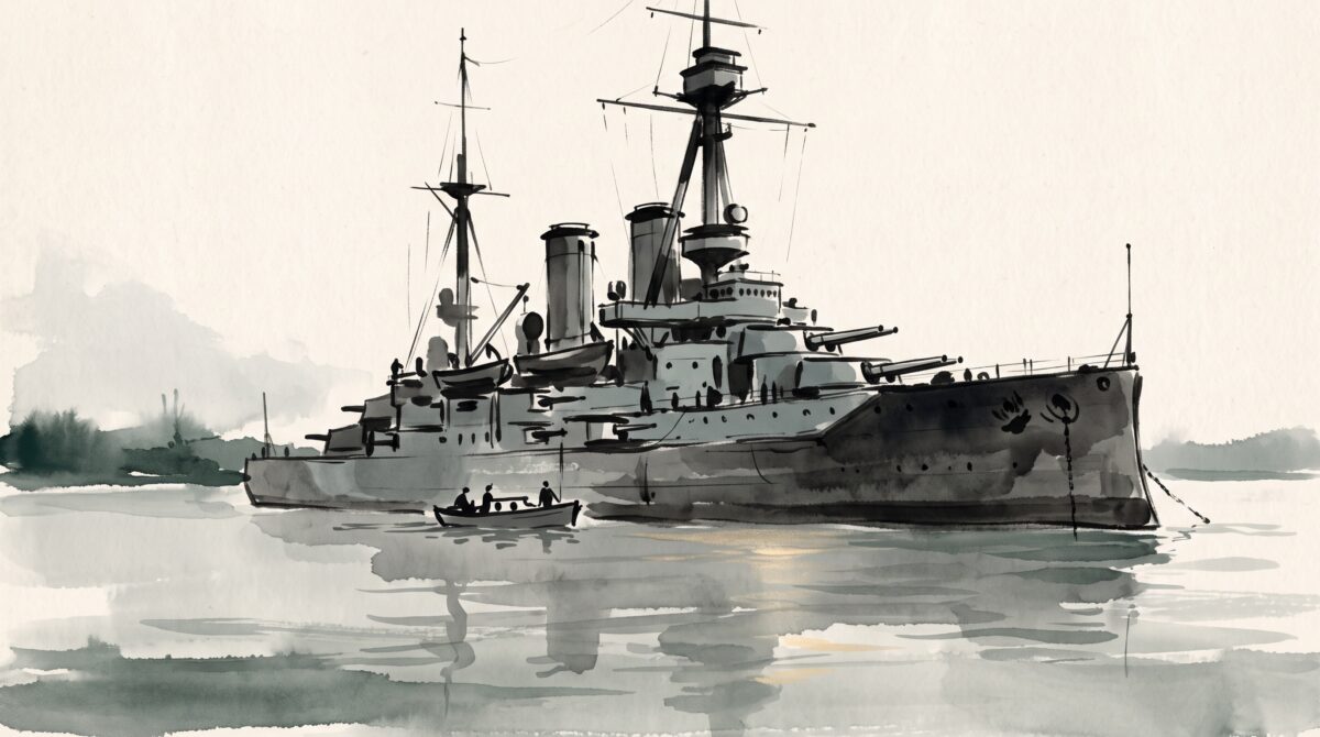 Painterly illustration of a vast Edwardian battleship riding at anchor in a calm grey harbour at dawn, dwarfing a small tender boat beside it